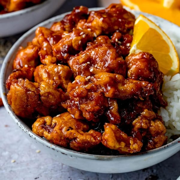 Close-up of orange chicken with sesame seeds, white rice, and an orange slice in a bowl.